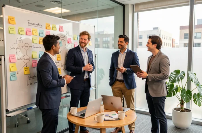 Équipe multiculturelle en réunion créative autour d'un tableau blanc dans une startup pour développer une stratégie d'entreprise numérique