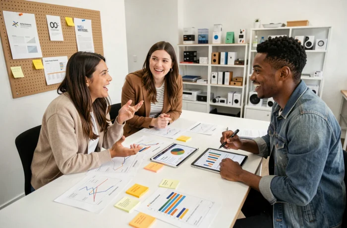Équipe de startup discutant des nouvelles tendances du commerce en ligne autour d'une table