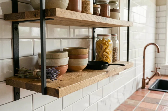 Étagères de cuisine ouvertes en acier et chêne massif décorées de céramiques artisanales et bocaux dans une cuisine au style parisien