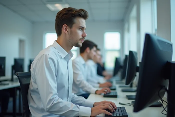 Étudiant masculin utilisant un poste informatique dans une salle multimédia universitaire pour se connecter à un portail institutionnel