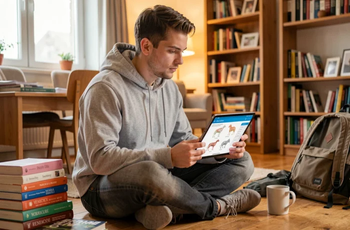 Étudiant en médecine vétérinaire accédant à des ressources éducatives en ligne sur une tablette dans un appartement