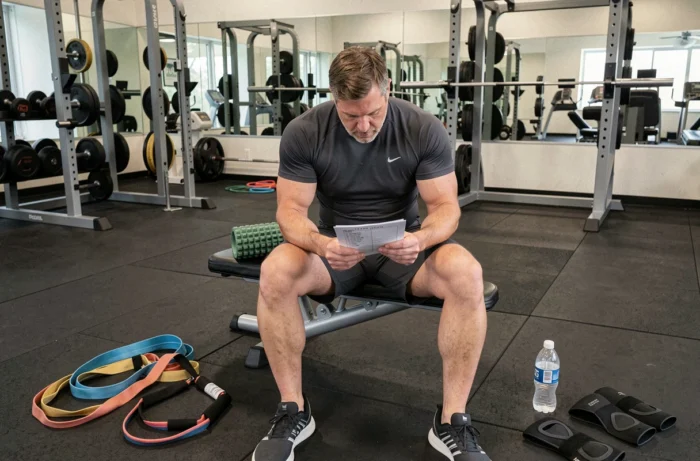 Homme évaluant son équipement de fitness assis sur un banc de salle de sport entouré d'accessoires sportifs