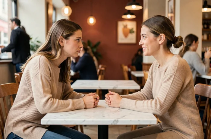Deux femmes dans un café, l'une présentant ses excuses sincères pour son absence à un mariage à son amie