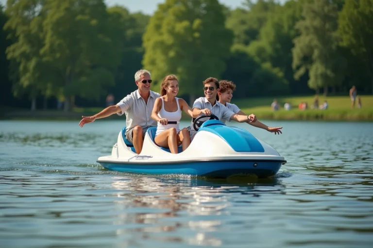 Famille faisant du pédalo sur un lac calme en Île-de-France pendant l'été