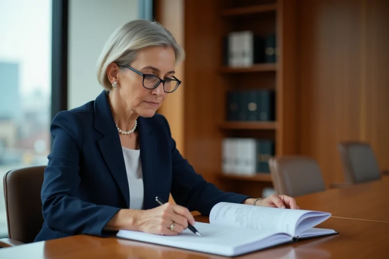 Femme d'affaires expérimentée analysant un dossier de transmission d'entreprise dans un bureau moderne