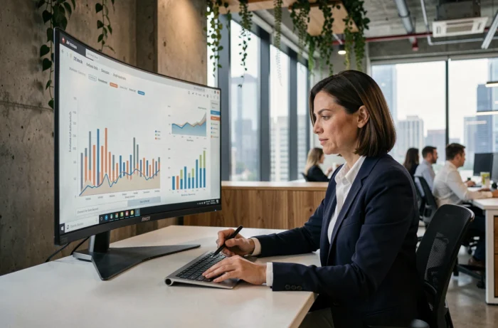 Femme cheffe d'entreprise analysant des données numériques sur un écran dans un bureau moderne pour développer sa stratégie digitale