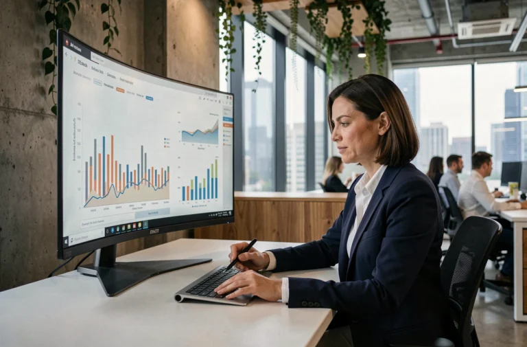 Femme cheffe d'entreprise analysant des données numériques sur un écran dans un bureau moderne pour développer sa stratégie digitale