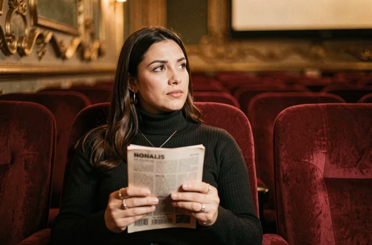 Femme assise dans un cinéma vintage aux fauteuils en velours rouge tenant un programme de film, regard pensif, ambiance cinéma classique