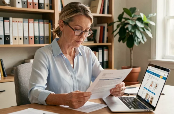 Femme dans la quarantaine comparant des documents de mutuelle santé à son bureau à domicile