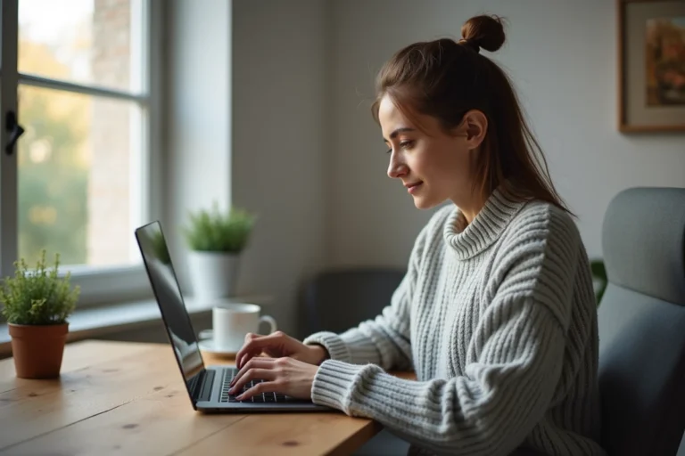 Femme utilisant un outil de création de CV en ligne sur son ordinateur portable dans un bureau à domicile moderne