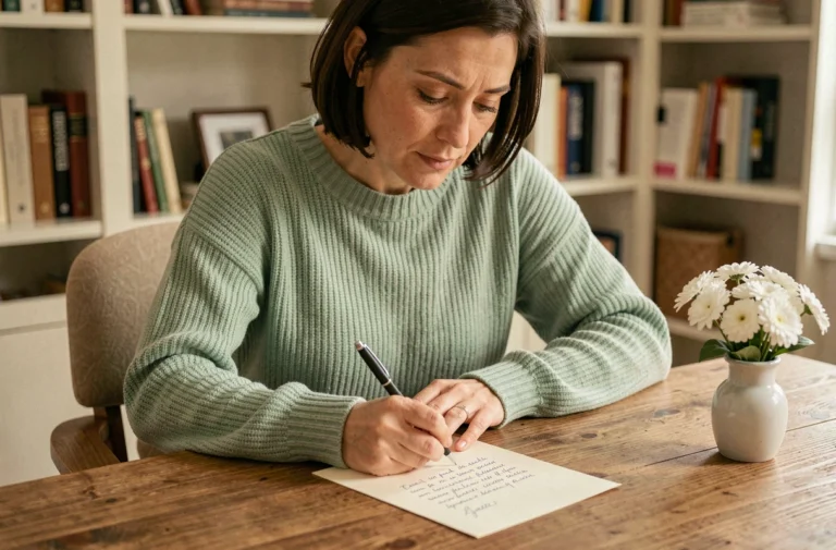 Femme écrivant une lettre d'excuses sincère pour une absence à un mariage sur du papier crème à son bureau en bois