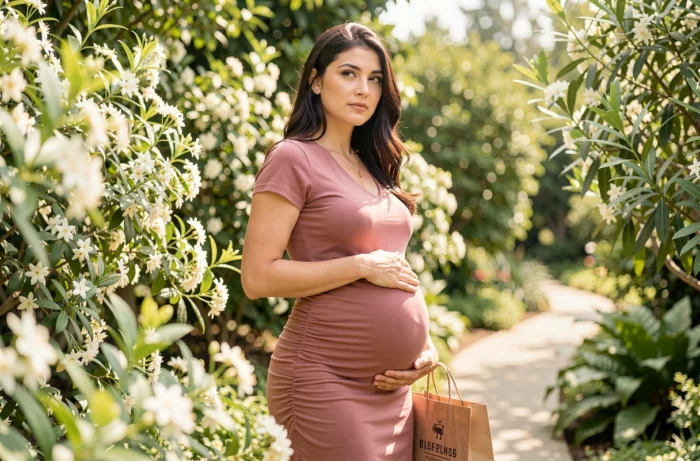 Femme enceinte en robe de maternité rose dans un jardin botanique verdoyant, tendances mode maternité et bien-être pendant la grossesse