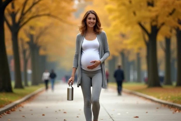 Femme enceinte au troisième trimestre marchant dans un parc en automne, tenant une bouteille d'eau, illustrant l'activité physique pendant la grossesse