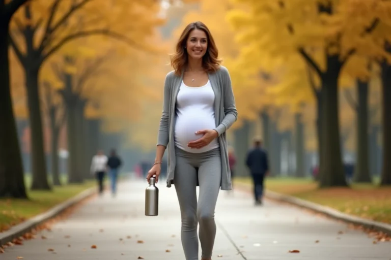 Femme enceinte au troisième trimestre marchant dans un parc en automne, tenant une bouteille d'eau, illustrant l'activité physique pendant la grossesse
