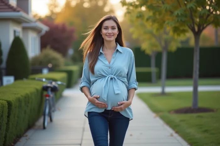 Femme enceinte en deuxième trimestre marchant sur un trottoir résidentiel calme, illustration de la recommandation de pas quotidiens pendant la grossesse