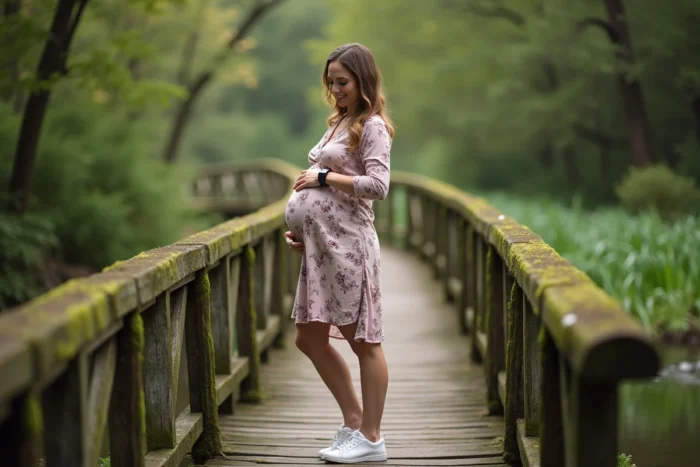 Femme enceinte consultant son podomètre sur un pont en bois en pleine nature, symbolisant le suivi du nombre de pas recommandé durant la grossesse