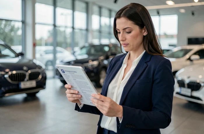 Femme consultant une fiche fiabilité LPDD Conseil dans une concession automobile avec une tablette