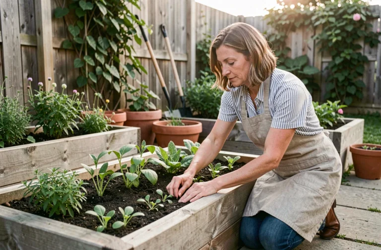 Femme jardinant dans un potager surélevé en bois avec des plants d'herbes aromatiques et légumes de saison