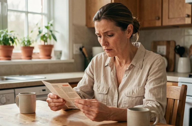 Femme lisant la notice d'un médicament comme Oxelio à la table de cuisine, expression attentive et préoccupée