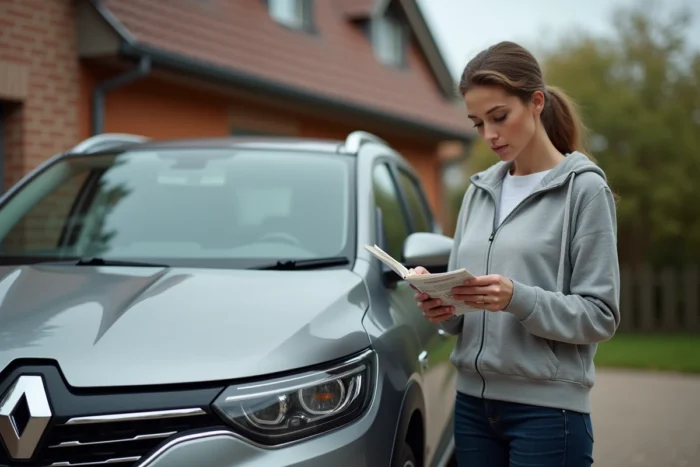 Femme consultant le manuel d'entretien batterie d'une Renault Austral dans une allée résidentielle