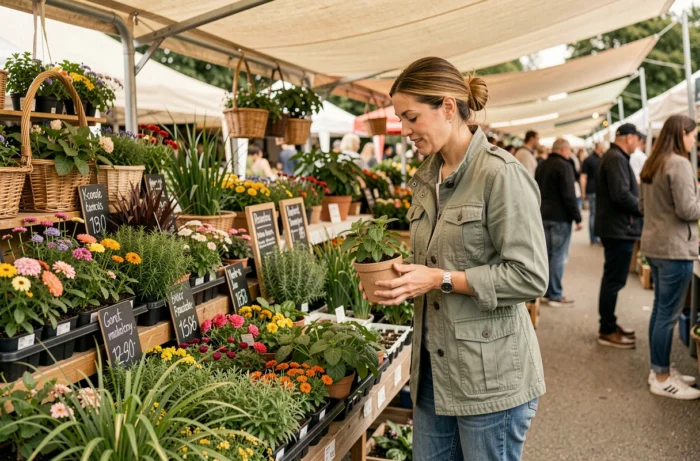 Femme au marché aux plantes choisissant des fleurs et plants de légumes parmi les nouvelles tendances jardinage