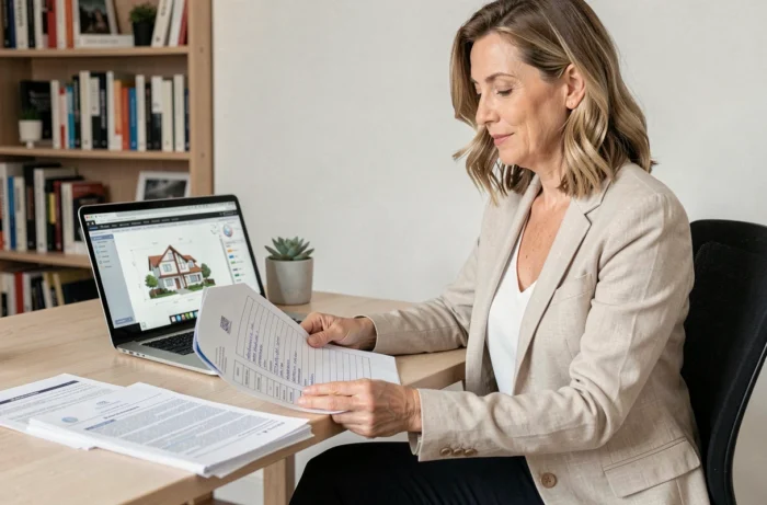 Femme consultant un dossier de permis de construire et un logiciel de conception de maison dans un bureau à domicile