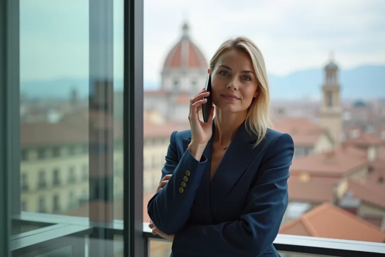 Femme professionnelle téléphonant avec un smartphone affichant l'indicatif téléphonique +39 de l'Italie, devant un panorama urbain italien