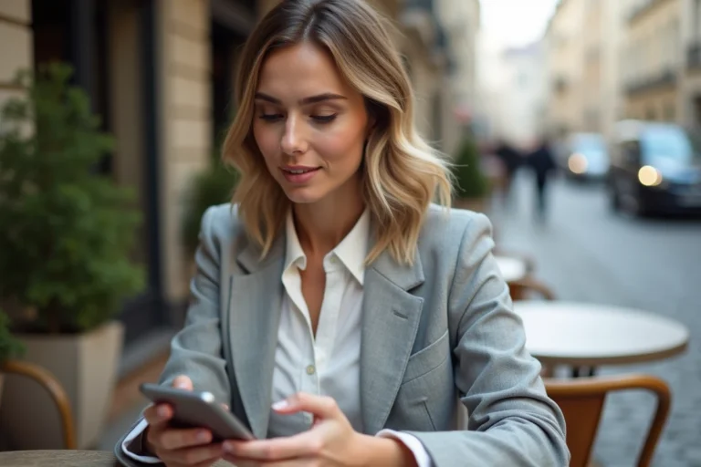 Femme professionnelle gérant ses projets sur application mobile en terrasse de café à Paris