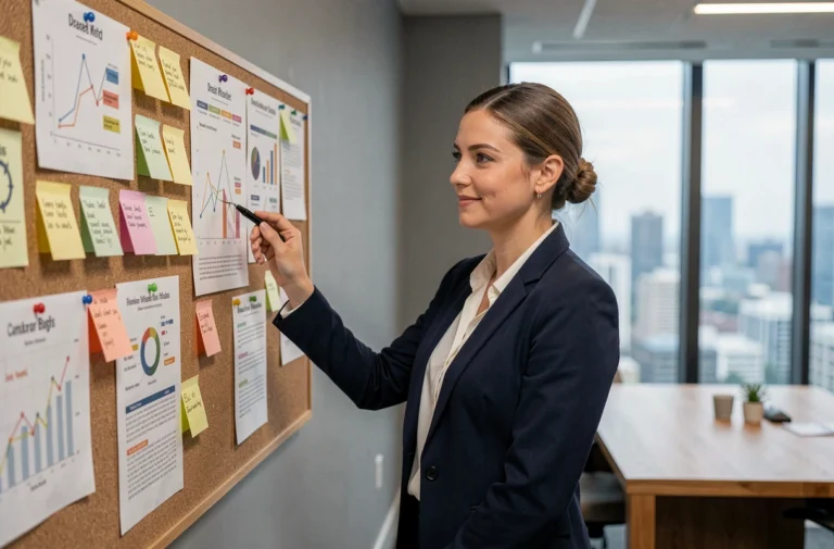 Femme professionnelle analysant une feuille de route de carrière dans un bureau moderne avec des objectifs affichés sur un tableau de liège