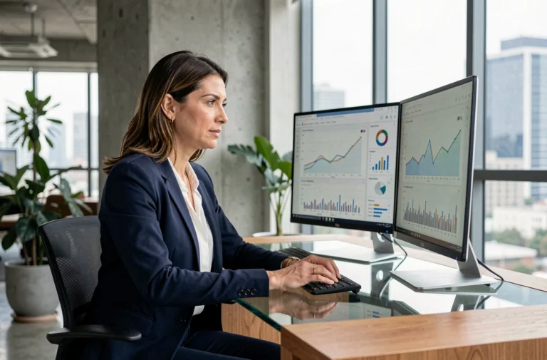 Femme professionnelle analysant des tendances e-commerce sur des écrans dans un bureau moderne