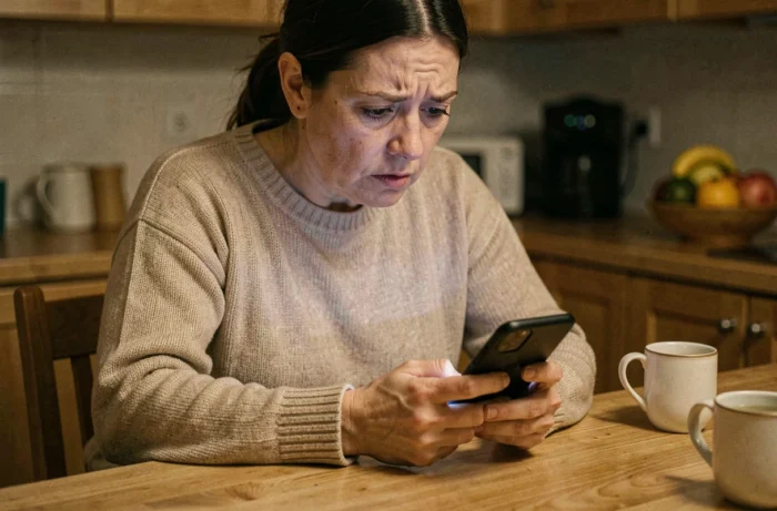 Femme cherchant un médecin de garde sur son smartphone en urgence depuis chez elle