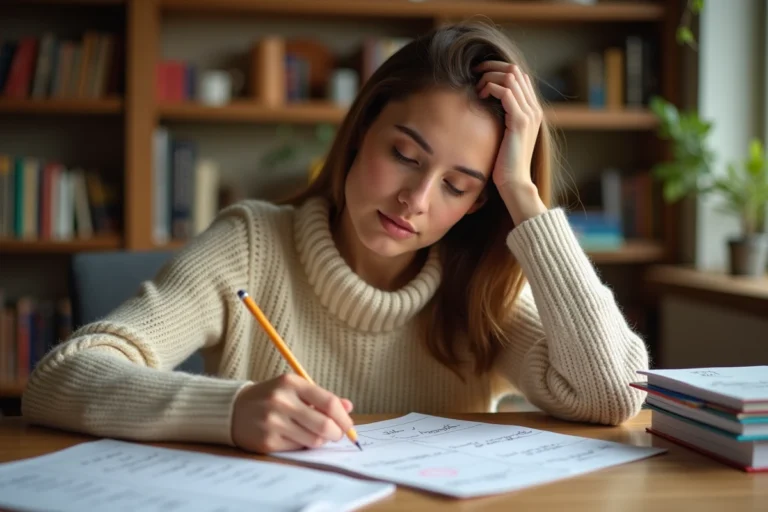 Jeune femme révisant un tableau de conjugaison espagnol avec des notes manuscrites sur un bureau en bois