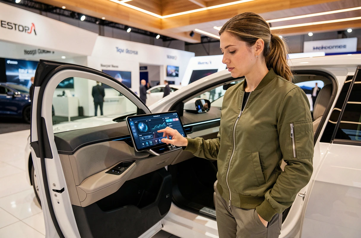 Femme passionnée d'automobile explorant le tableau de bord d'un véhicule électrique conceptuel lors d'un salon auto 2024