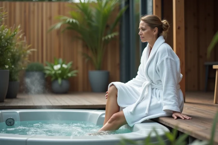 Femme en peignoir blanc assise au bord d'un spa extérieur, l'air préoccupée face aux risques du chlore dans l'eau