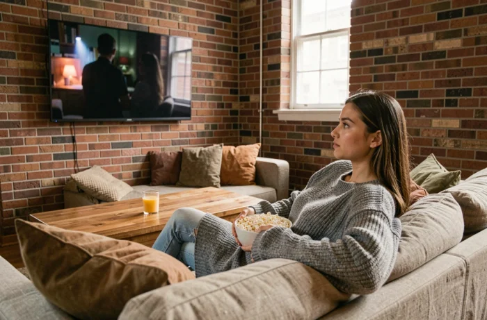 Jeune femme regardant un film en streaming gratuit sur sa télévision depuis son canapé confortable