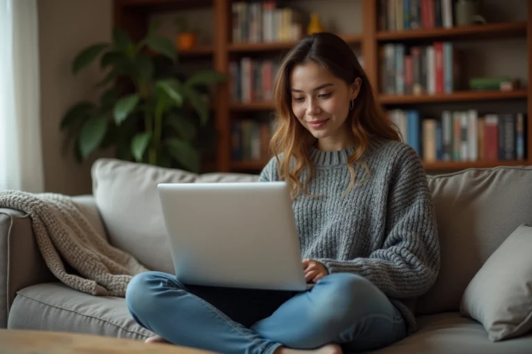 Jeune femme naviguant sur un site de streaming gratuit depuis son canapé avec un laptop