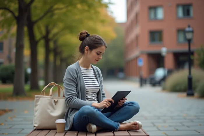 Femme utilisant une tablette en plein air sur le campus universitaire pour accéder à son espace numérique de travail Sesam ICP