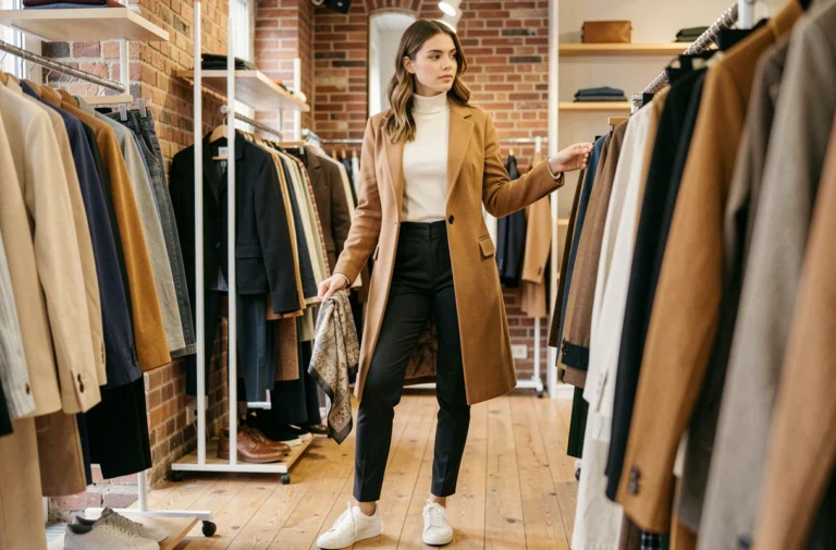 Jeune femme élégante en manteau camel feuilletant des vêtements dans une boutique de mode parisienne au style contemporain