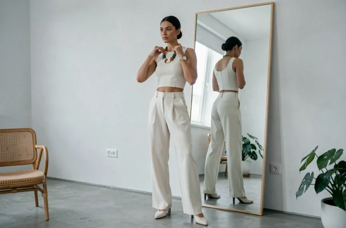 Femme élégante en tenue monochrome ivoire ajustant un collier statement devant un miroir dans un appartement minimaliste moderne