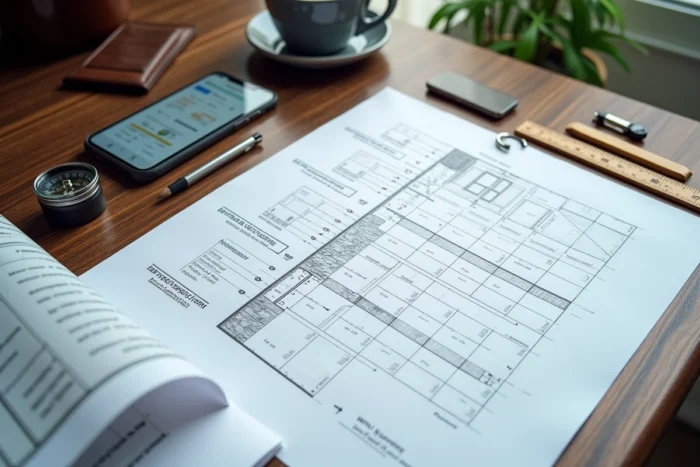 Formulaire de déclaration préalable de travaux rempli pour le changement de fenêtres posé sur un bureau avec plans architecturaux