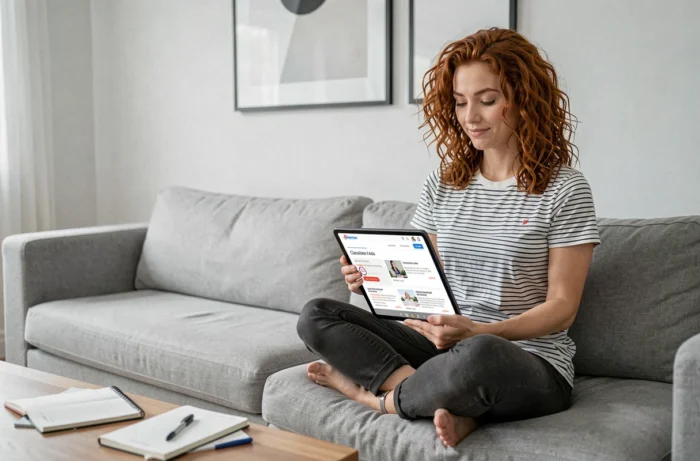 Jeune femme consultant et gérant ses annonces Wannonce sur une tablette dans son salon