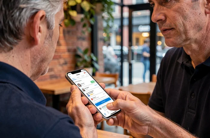 Homme gérant ses annonces en ligne depuis son smartphone dans un café urbain