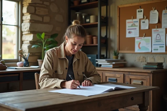 Femme agricultrice remplissant des formulaires administratifs liés aux unités de travail humain dans un bureau de ferme