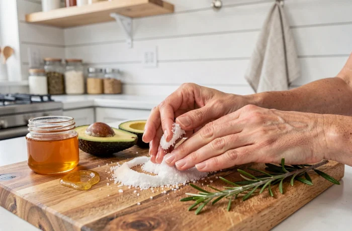 Mains féminines appliquant un gommage naturel maison à base d'huile de coco et de sucre sur les ongles avec des ingrédients naturels