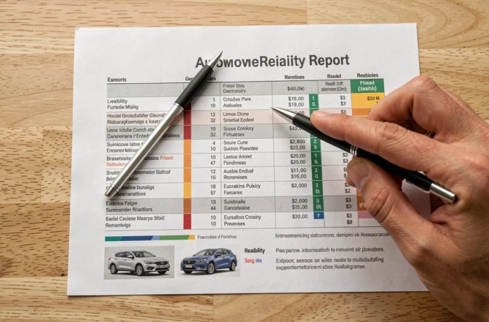 Gros plan sur une fiche fiabilité automobile LPDD Conseil posée sur une table avec annotations et stylo
