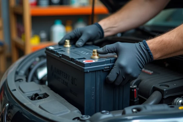 Gros plan sur le remplacement de la batterie d'une Renault Austral avec déconnexion des bornes