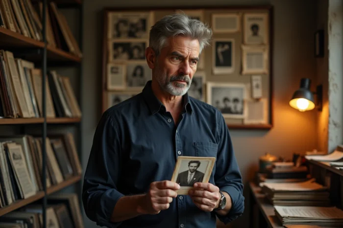 Homme adulte examinant des archives et des photographies vintage dans une pièce remplie de disques vinyle et de coupures de presse en noir et blanc