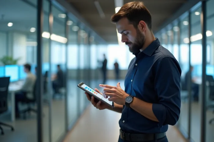 Homme d'affaires consultant un tableau de bord de gestion de projets sur tablette dans un bureau moderne