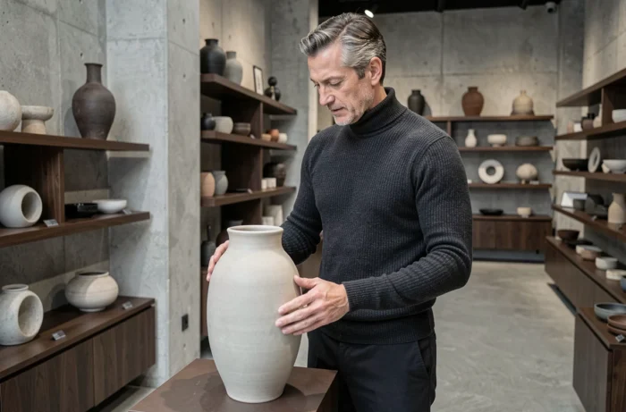 Homme élégant examinant un vase en céramique dans une boutique de luxe art de vivre contemporaine