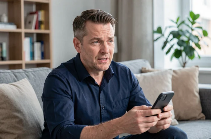 Homme présentant ses excuses pour une absence à un mariage par appel vidéo sur son smartphone dans son salon